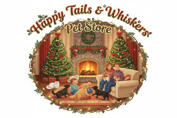 Create a logo with a christmas theme and a family with dogs and cats all around with children playing with the dogs and cats and some laying around just watching the fire together. The parents are sitting on the couch watching the kids and the dogs and kids playing. The cats are on the couch with the mom and dad getting pettings.  Put the name of the store on the top of the picture, "Happy Tails & Whiskers Pet Store".